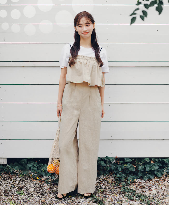 赤埴奈津子　ティティベイト 2wayフレアオールインワン ベージュ 着用コーデ