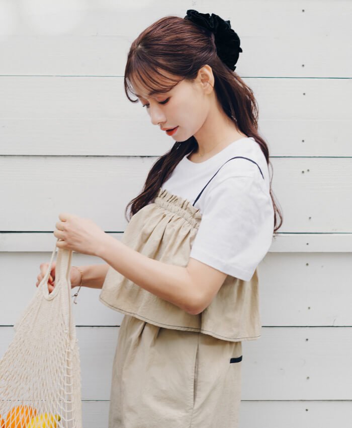 赤埴奈津子　ティティベイト 2wayフレアオールインワン ベージュ 着用コーデ