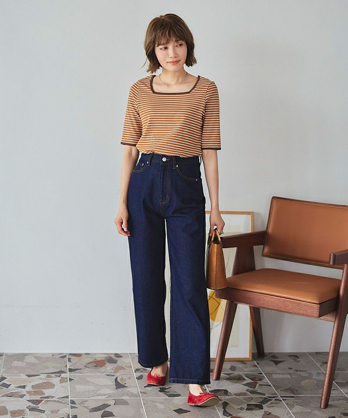 スクエアネックボーダーカットトップス アニュアンス anuans スクエアネックボーダーカットトップス （NAVY