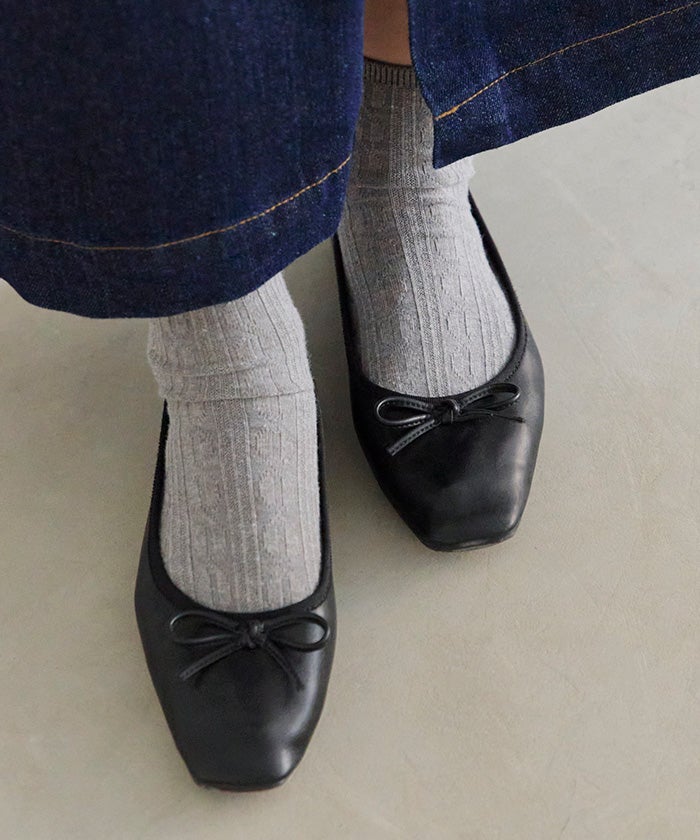 COULTERVARE フラワー刺繍 スクエアトゥリボン　バレエシューズ リボン付スクエアトゥバレエシューズ - シューズ通販 | 人気レディース