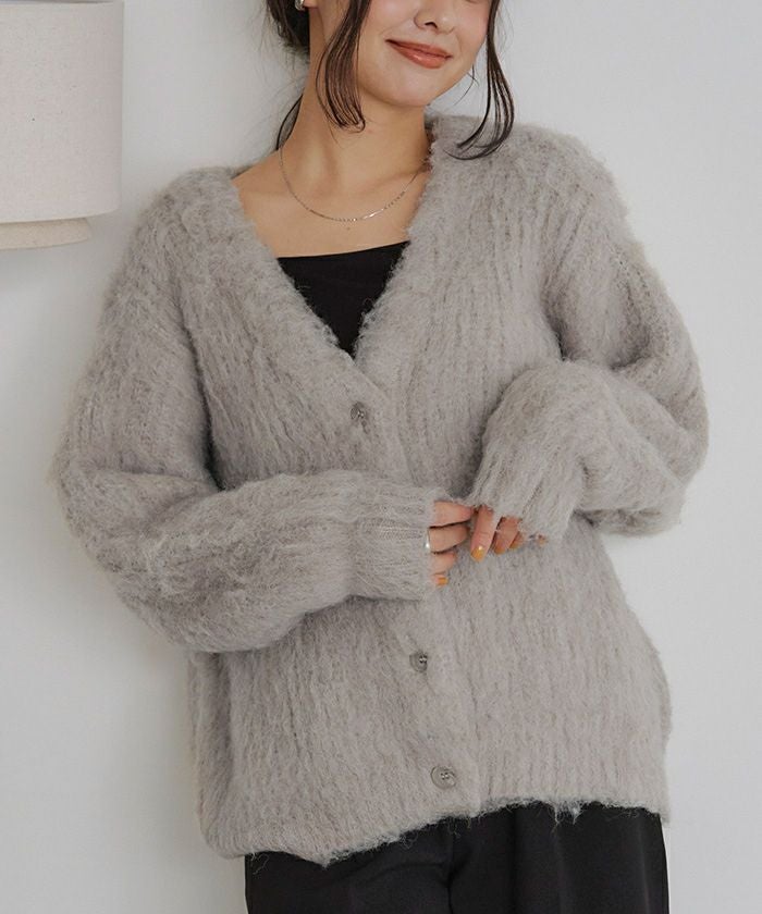 モヘアライクVネックシャギーニットカーディガン | titivate
