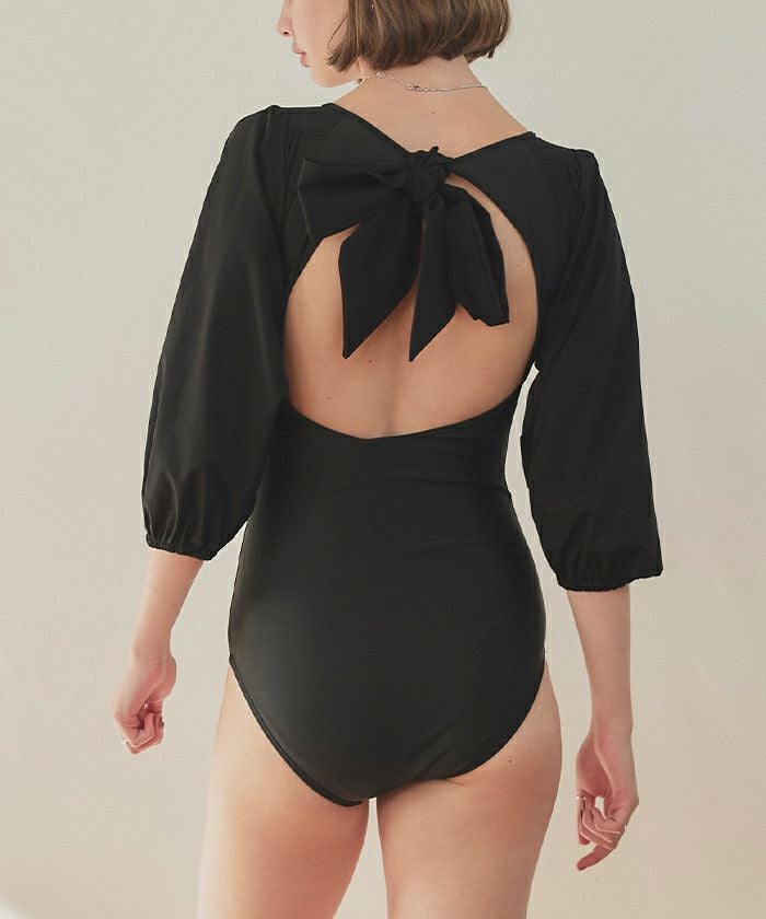 リボン付き黒ワンピース水着 ビッグリボン×パフスリーブワンピース/水着【SEADRESS シードレス
