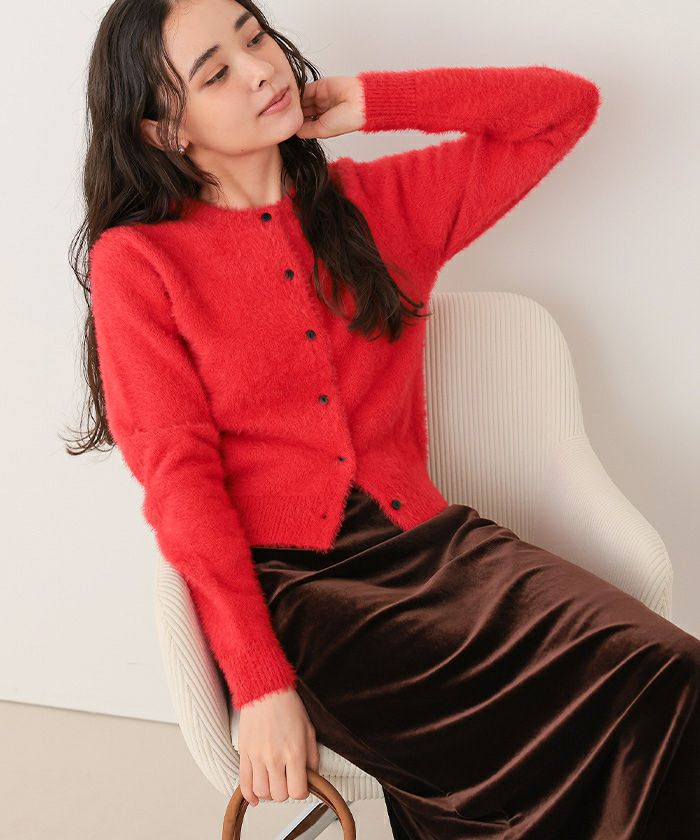 【ある様】thetoe シャギーカーディガン　レッド シャギー ニット カーディガン[品番：TY000008779]｜teddyshop