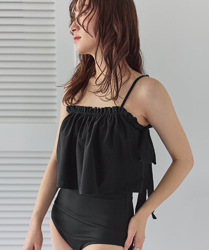 トリートユアセルフ 水着 black サイドリボンフレアトップス付ビキニ/セット水着【SEADRESS シードレス