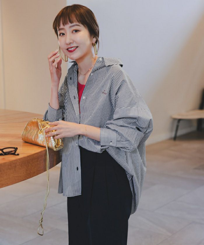 【美品 19SS】JIL SANDER フラワー刺繍ストライプオーバーシャツ デザイン刺繍入りストライプオーバーシャツ | titivate