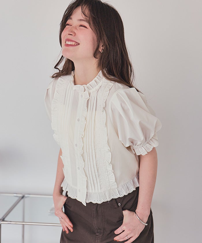 タグ付✨1% 30 THIRTY リネン100% レースフリルブラウス ブラウン ae1401eb0f34e461ca2c3f5c434481