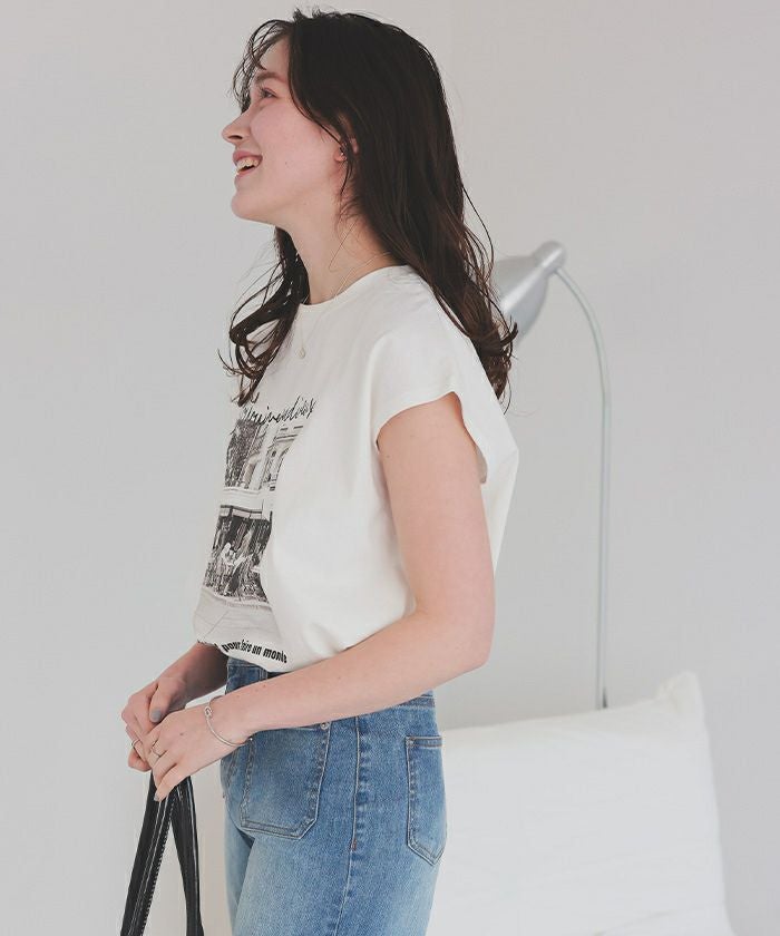 新品✨FRAMeWORK✨モノトーンプリントフレンチスリーブT フレンチスリーブピグメントフォトプリントTシャツ【メール便可／80