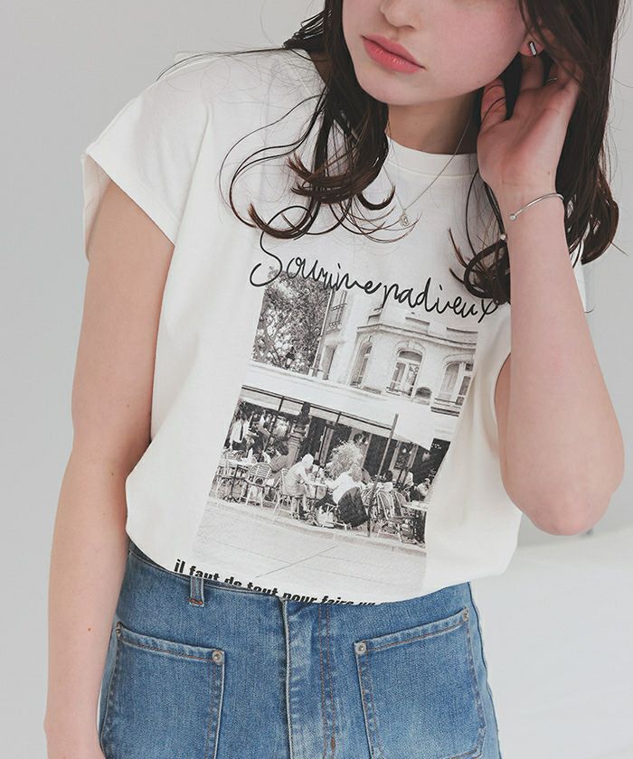 フレンチスリーブピグメントフォトプリントTシャツ【メール便可／80