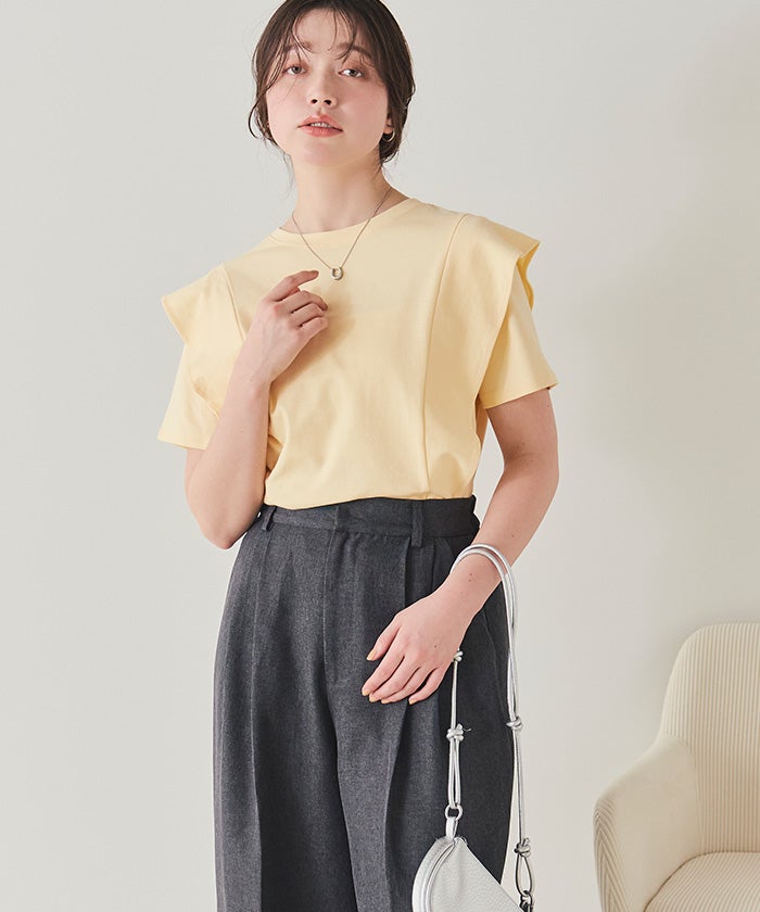 VIVIANO ラッフルスリーブTシャツ ラッフルショルダーコットンTシャツ | Ruffle shoulder tee(chiica select)