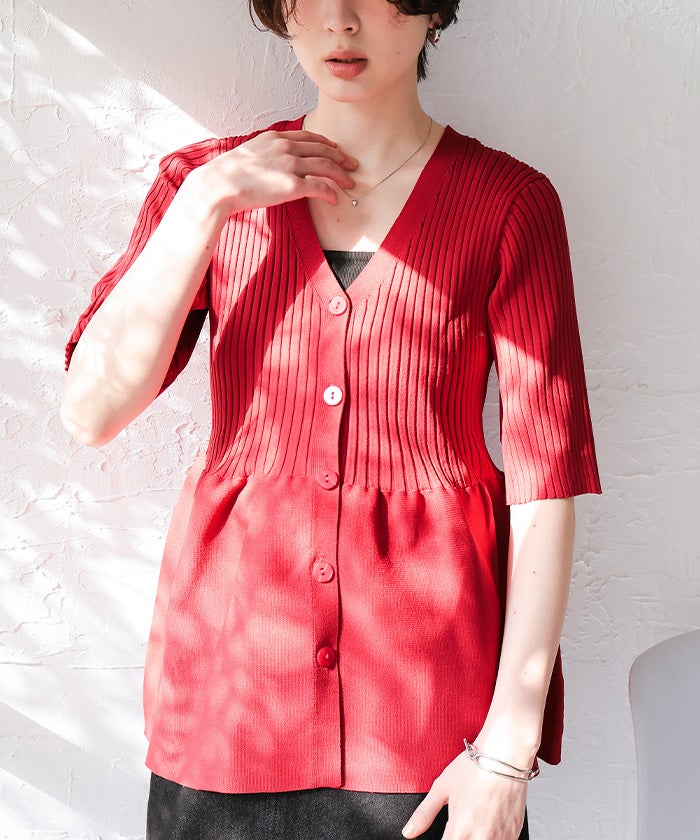 eimy ニット トップス フレアーリボンスリーブペプラムニット ピンク KOBE LETTUCE（神戸レタス） ペプラムトップス 長袖 ペプラムニット