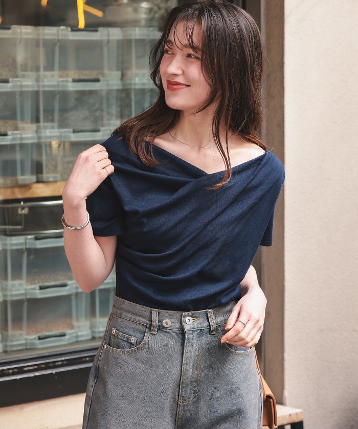 【Bashiさん専用】ネイビー オフショルダー Tシャツ オフショルダーハーフスリーブTシャツ【メール便可／90】 | titivate