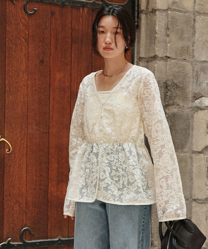 レースぺラムブラウス   アプ メッシュレースペプラムブラウス（シャツ/ブラウス）｜natural couture