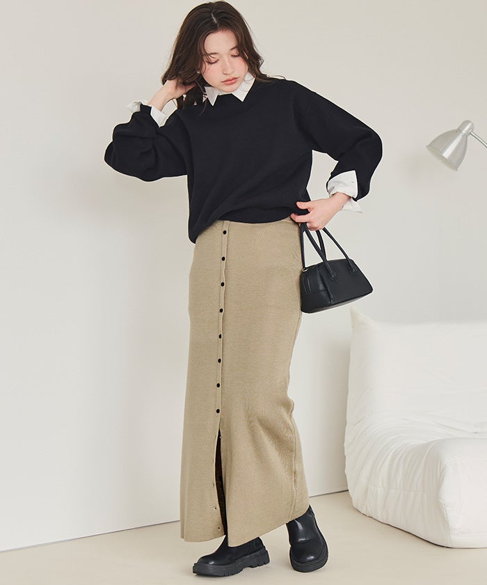Y's ニットロングスカート 切替デザイン ブラック×ベージュ 美品 釦デザインIラインニットスカート | titivate