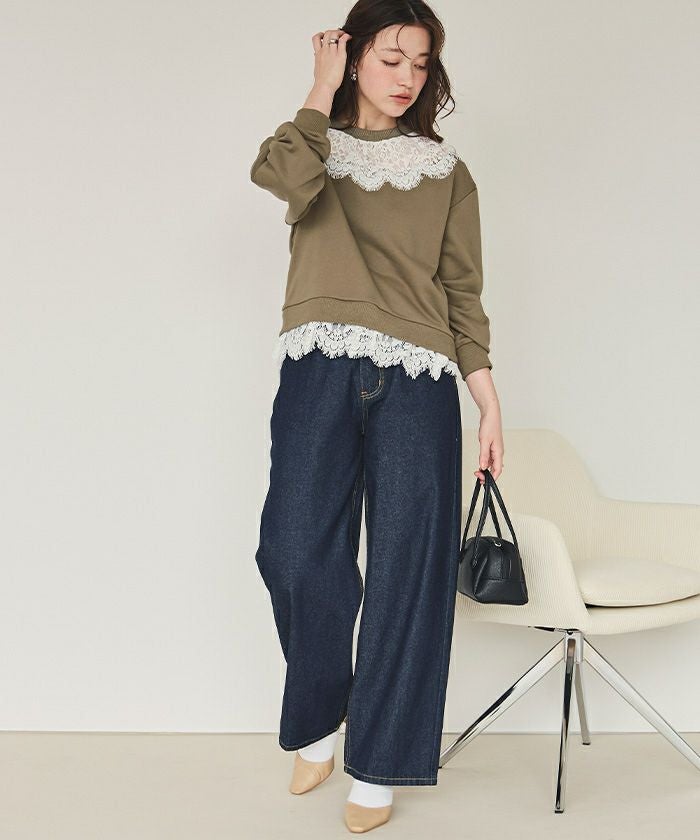 希少 美品 N°21 ドッキング 総柄 レース デザイン スウェットシャツ 36 レースドッキングデザインスウェット | titivate
