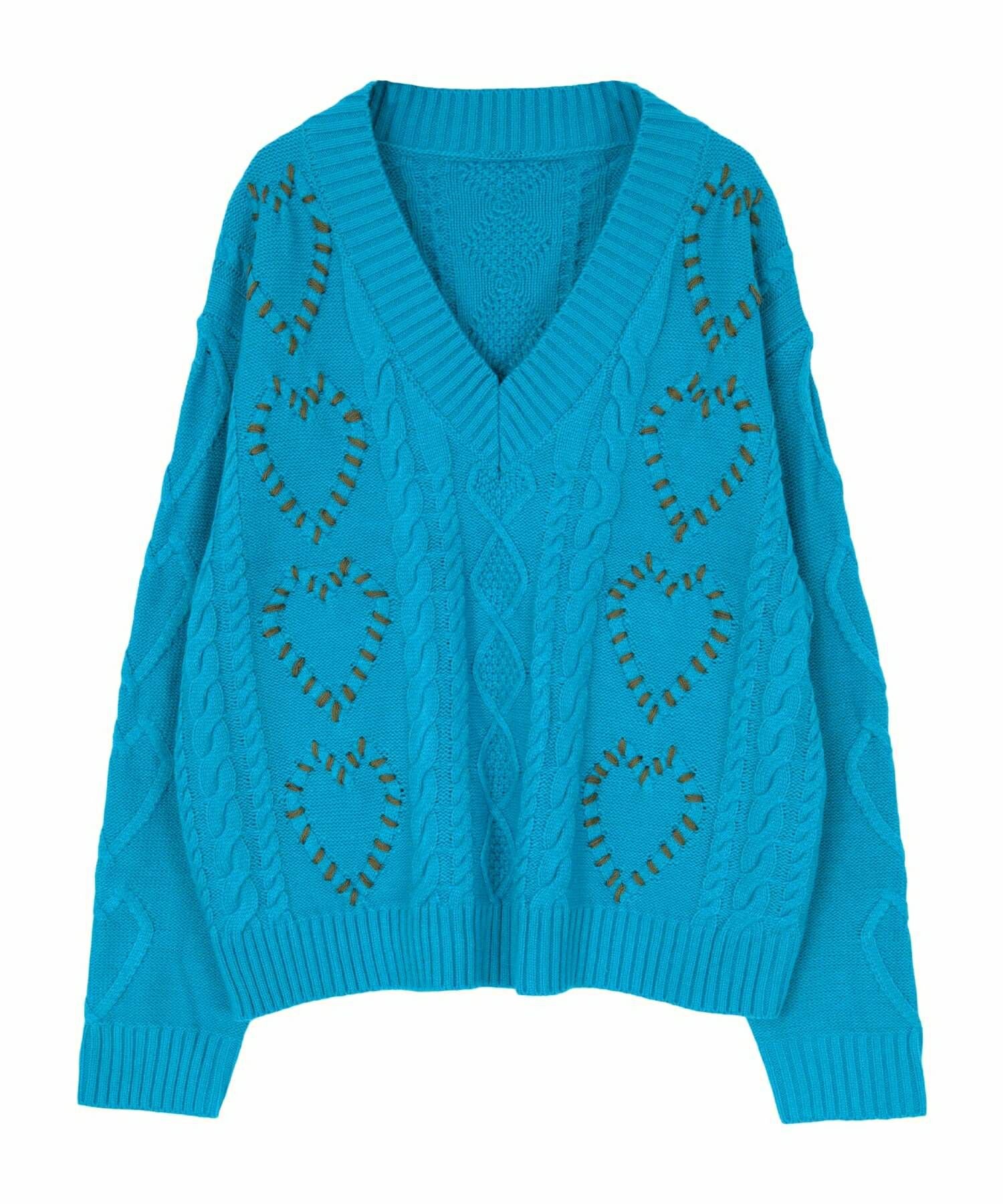 配色ステッチハートケーブルVネックニット【miette ミエット】 | titivate