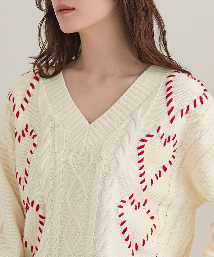 配色ステッチハートケーブルVネックニット【miette ミエット】 | titivate 配色ステッチハートケーブルVネックニット【miette ミエット】 | titivate