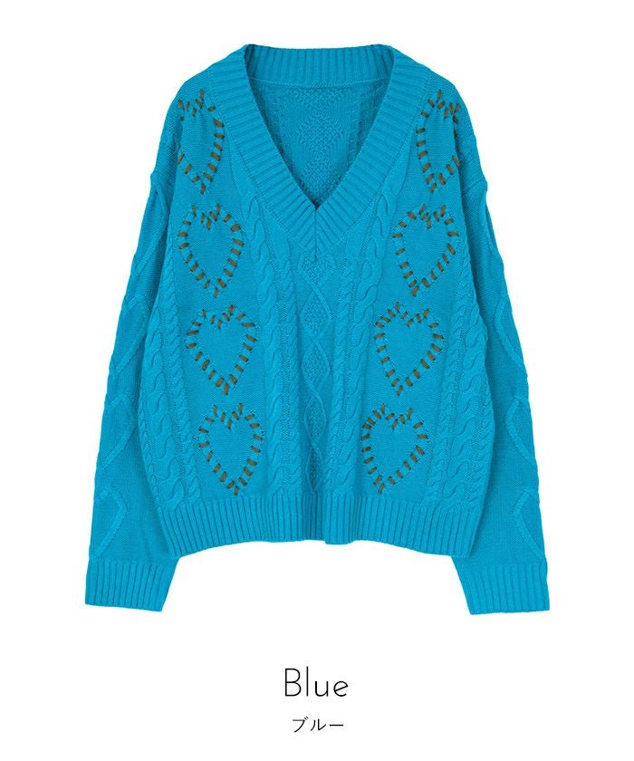 配色ステッチハートケーブルVネックニット【miette ミエット】 | titivate 配色ステッチハートケーブルVネックニット【miette ミエット】 | titivate