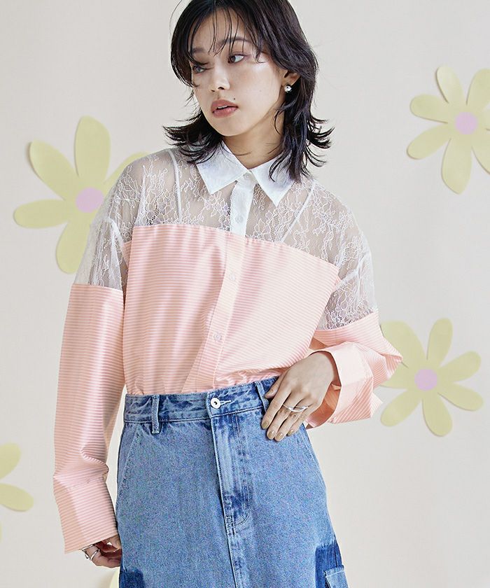 レース切替ボーダーシャツ【miette ミエット】【メール便可／100
