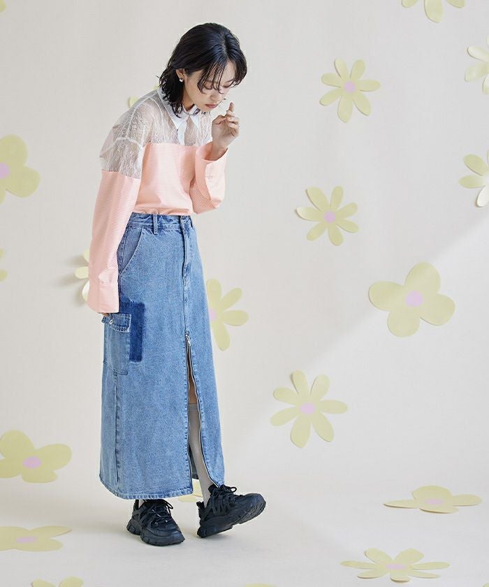 レース切替ボーダーシャツ【miette ミエット】【メール便可／100