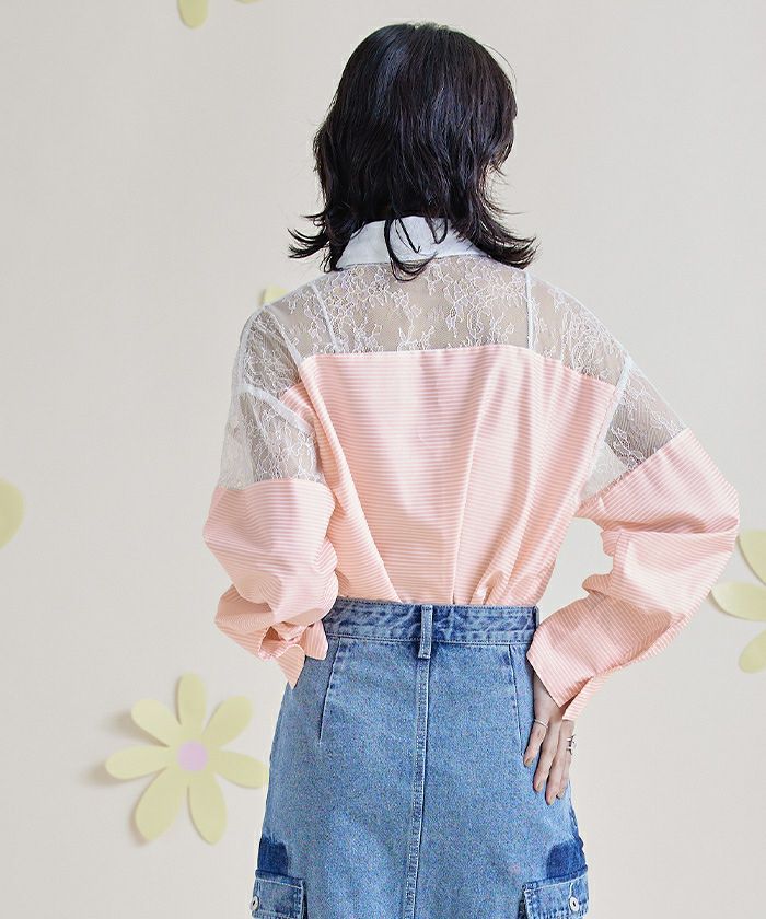レース切替ボーダーシャツ【miette ミエット】【メール便可／100