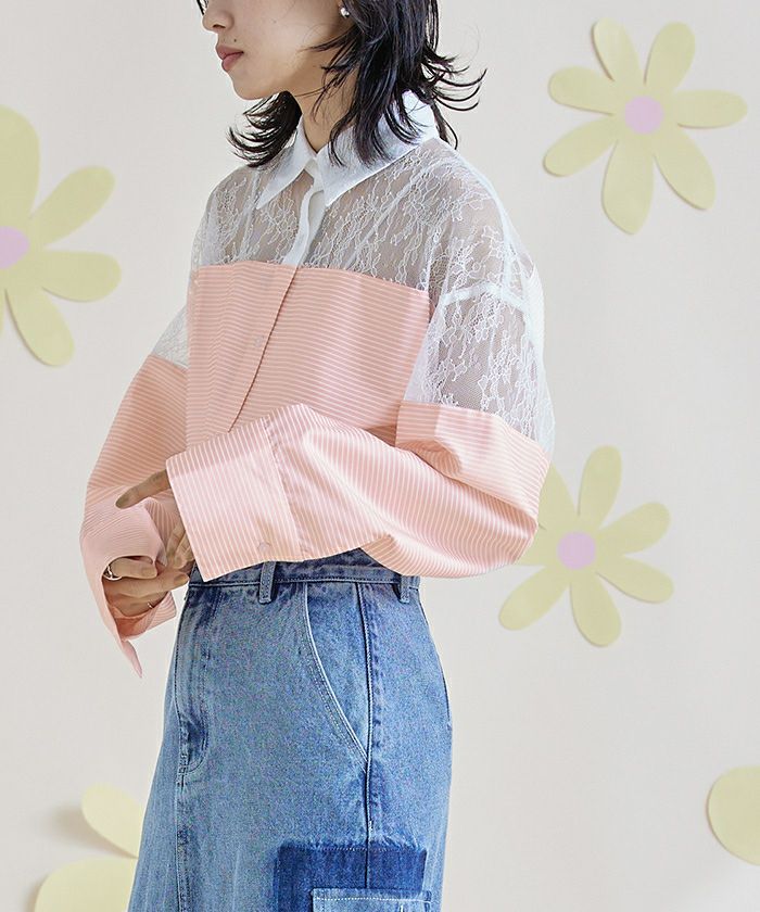 レース切替ボーダーシャツ【miette ミエット】【メール便可／100