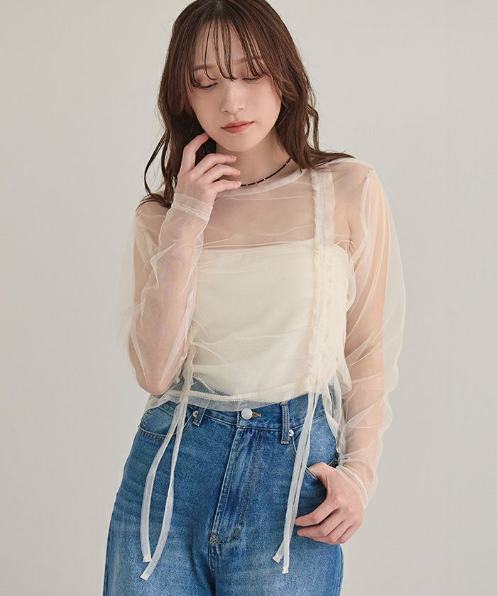 チュールフロントシャーリングトップス【miette ミエット】【メール便