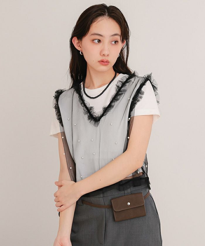 パール付きチュールフリルVネックトップス【miette ミエット】【メール