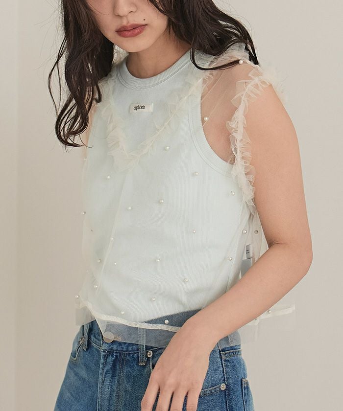パール付きチュールフリルVネックトップス【miette ミエット】【メール