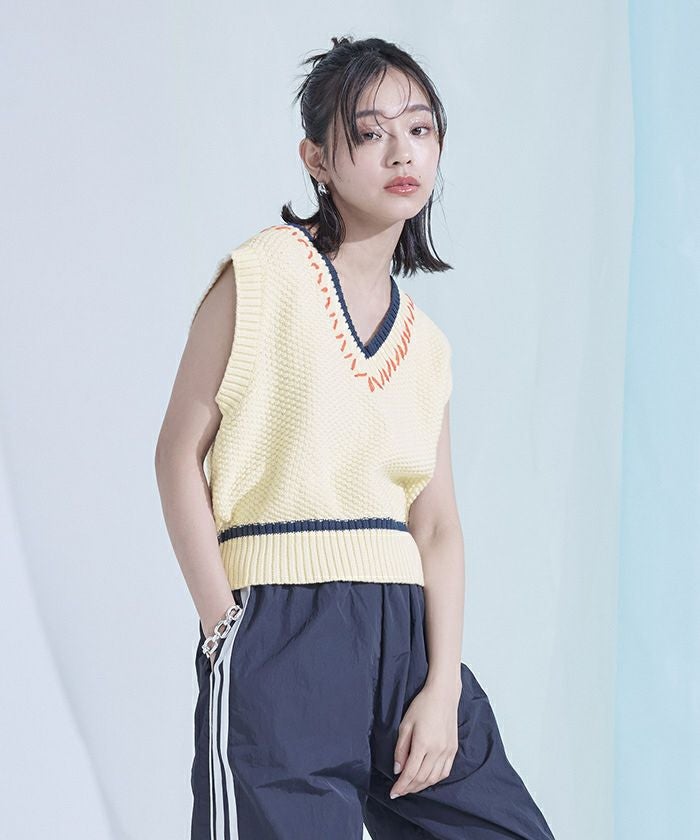 配色ステッチVネックベスト【miette ミエット】 | titivate