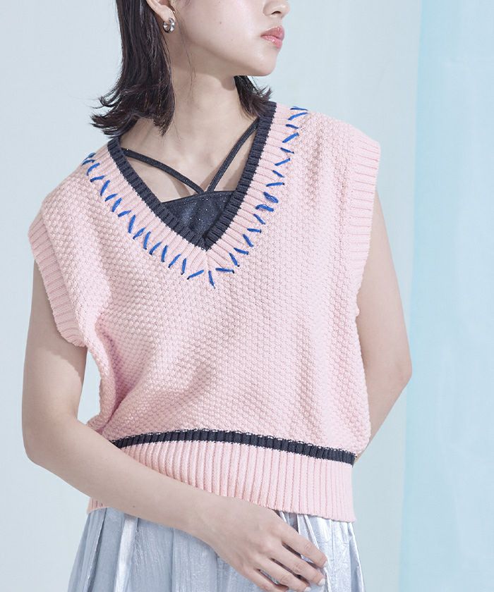 Jun Ropé 水玉模様 Vネックベスト Mサイズ 配色ステッチVネックベスト【miette ミエット】 | titivate