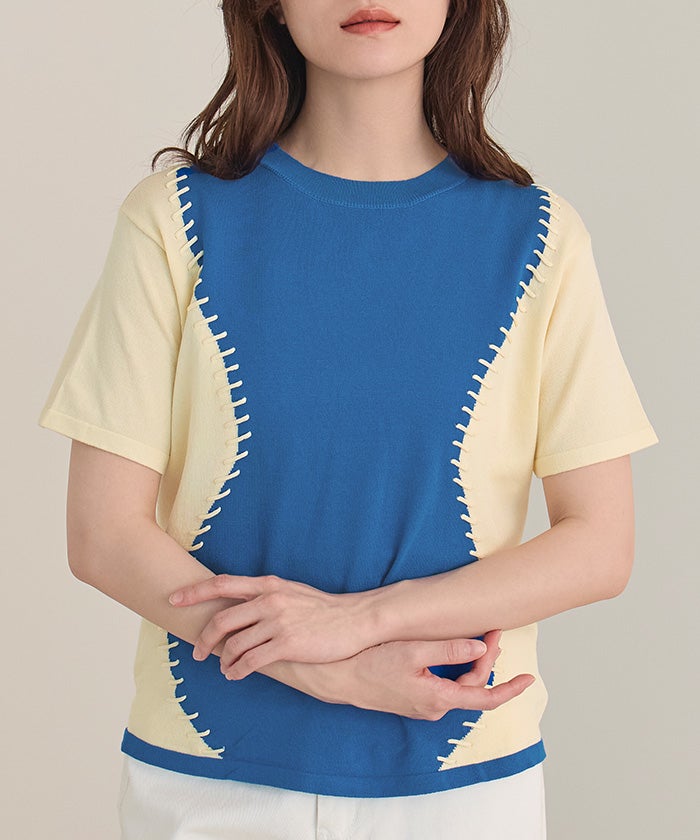 バイカラーウェーブステッチトップス【miette ミエット】【メール便可