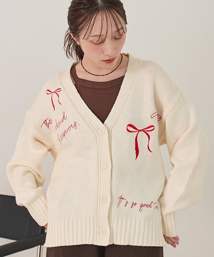 リボン刺繍Vネックカーディガン【miette ミエット】 | titivate