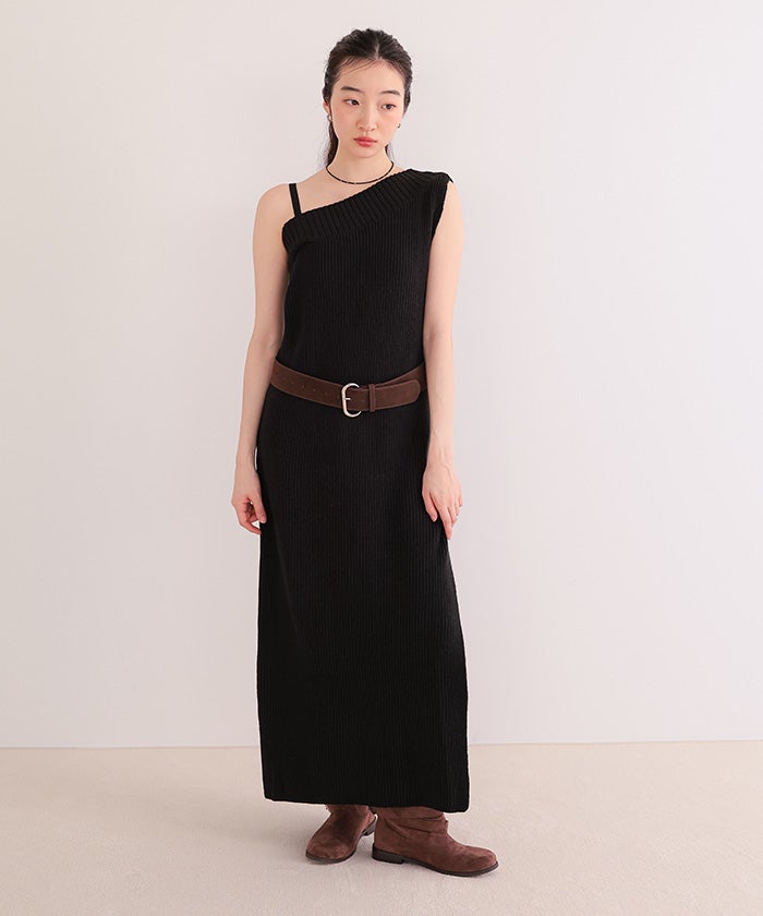 ヌードロジー　ワンショルダー ニットワンピース ブラック M ワンショルダーニットワンピース【miette ミエット】 | titivate