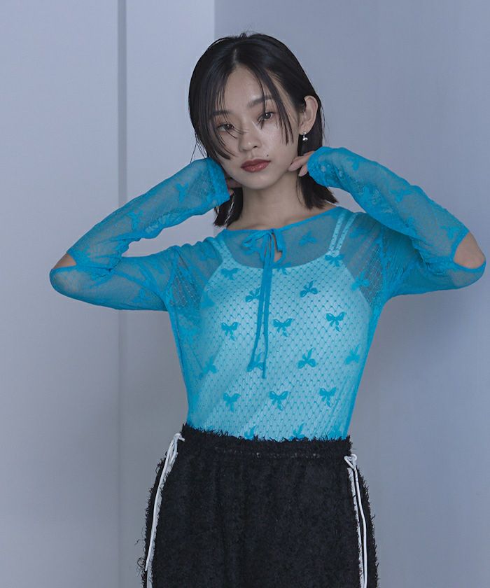 リボンチュールスリットスリーブトップス【miette ミエット】【メール