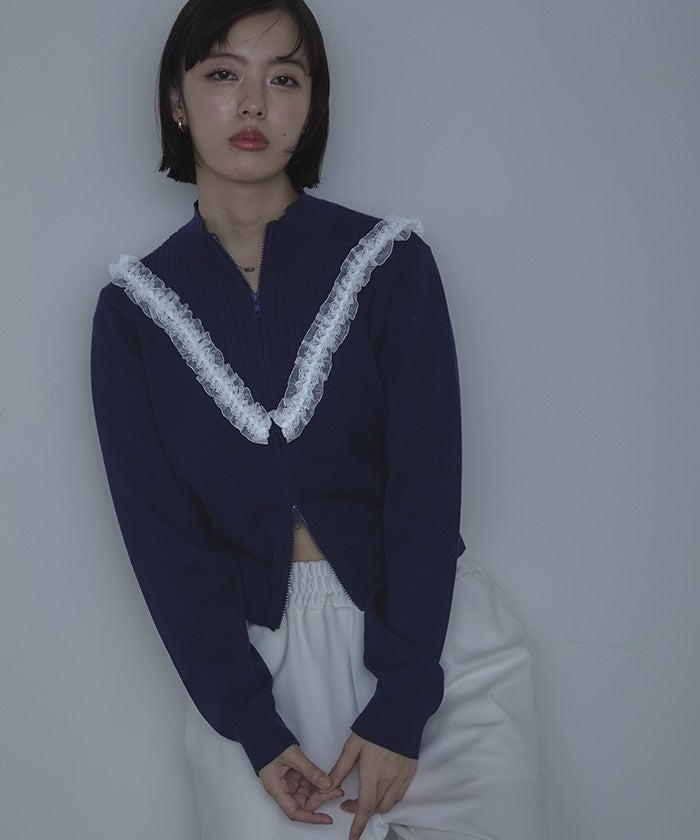M's Gracyのフリル付きダブルジップアップカーディガン 美品 フリル付きカーディガン | msgracy