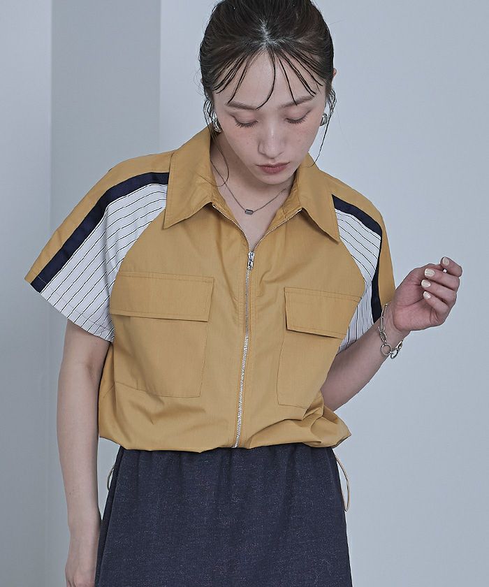 CPG 半袖ジッパーシャツとスカートセット ストライプ切替ジップ半袖シャツ【miette ミエット】【メール便可／100