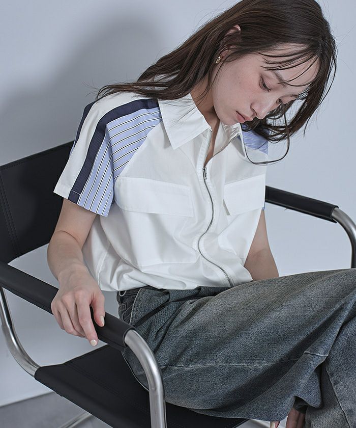 ストライプ切替ジップ半袖シャツ【miette ミエット】【メール便可／100
