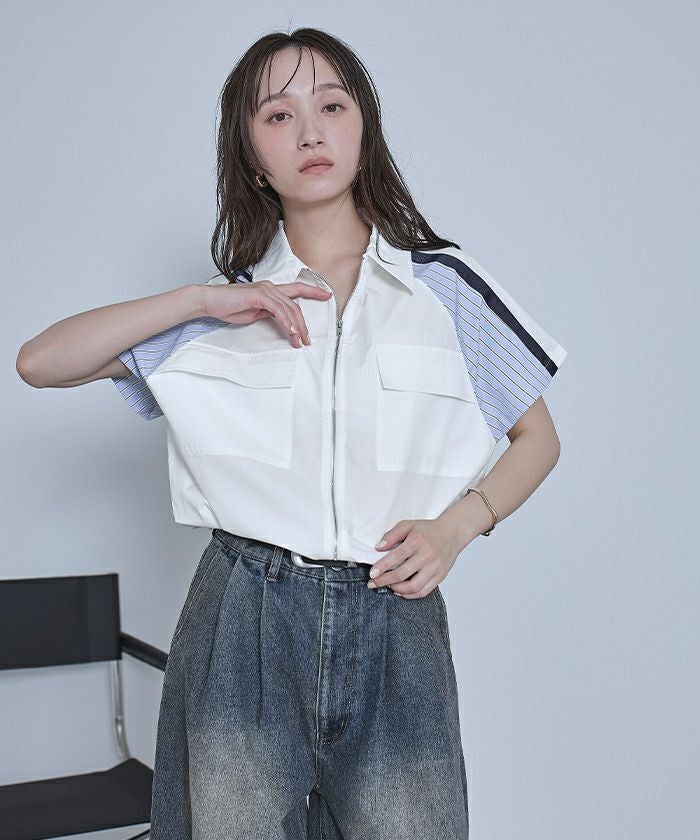 ストライプ切替ジップ半袖シャツ【miette ミエット】【メール便可／100