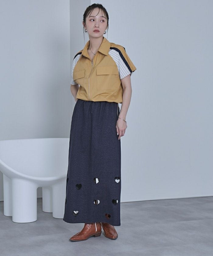 ストライプ切替ジップ半袖シャツ【miette ミエット】【メール便可／100