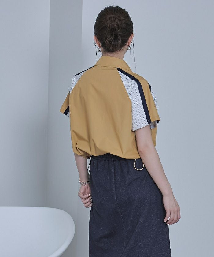 ストライプ切替ジップ半袖シャツ【miette ミエット】【メール便可／100