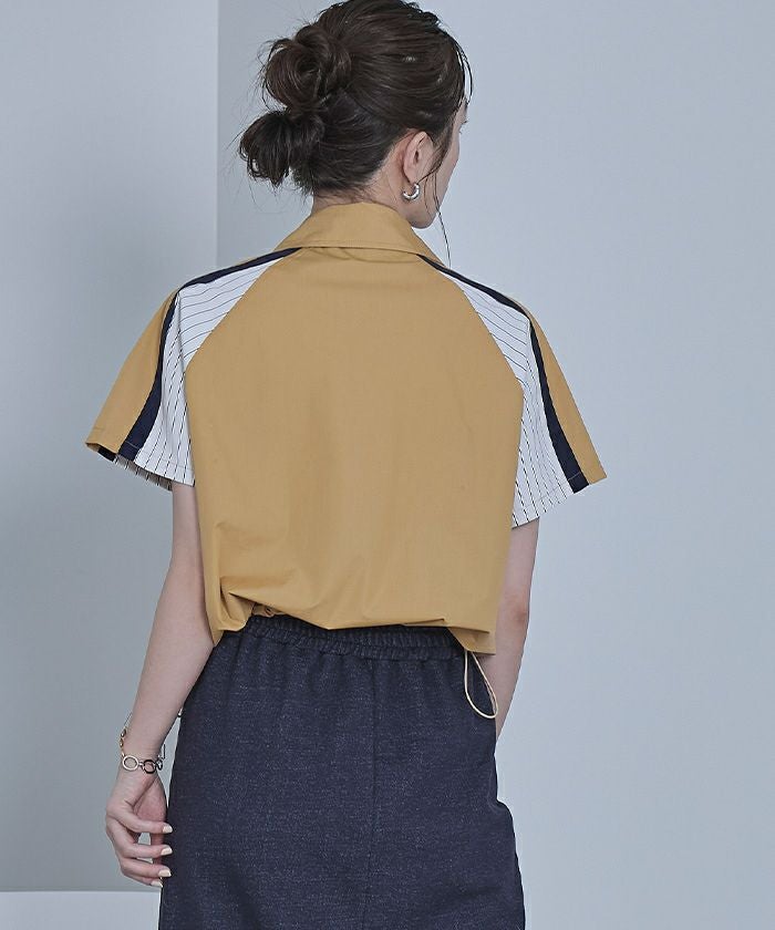 ストライプ切替ジップ半袖シャツ【miette ミエット】【メール便可／100