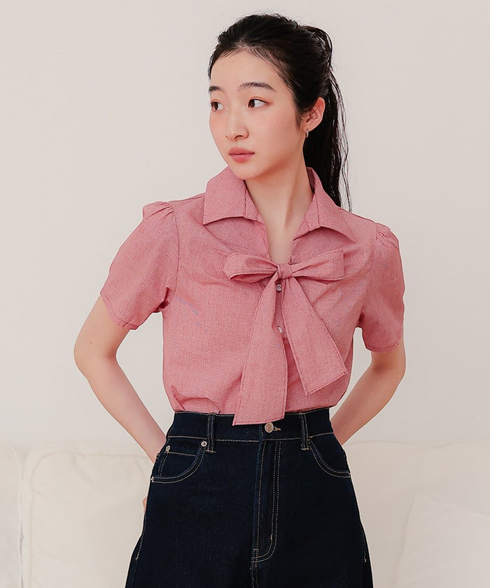 フロントリボンパフスリーブシャツ【miette ミエット】【メール便可