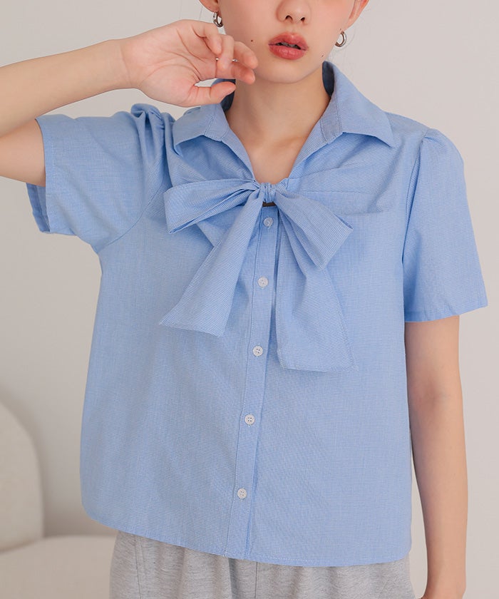フロントリボンパフスリーブシャツ【miette ミエット】【メール便可
