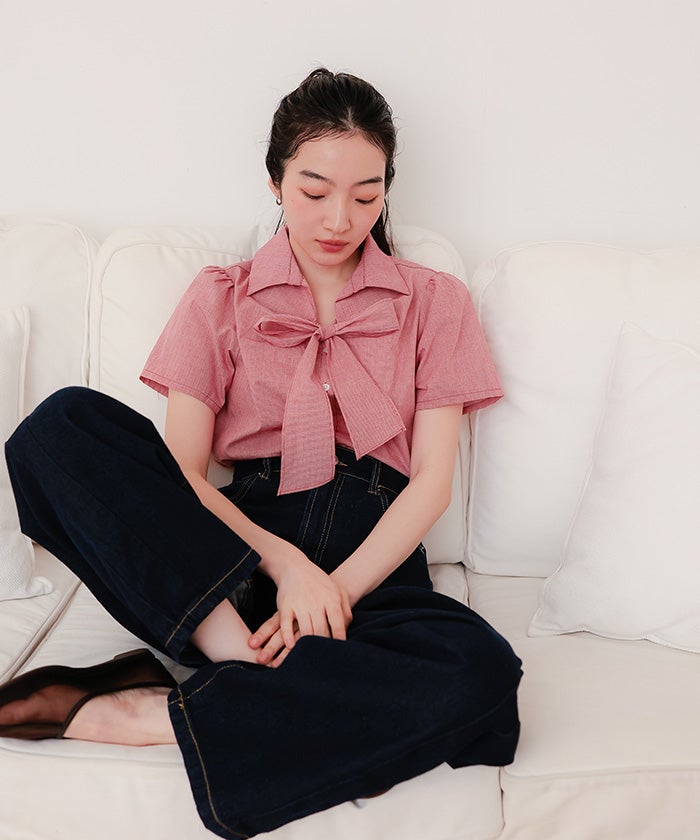 フロントリボンパフスリーブシャツ【miette ミエット】【メール便可