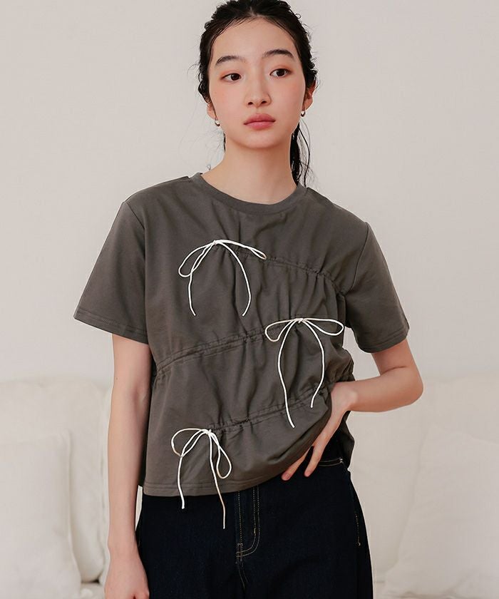 ドローストリングリボン半袖トップス【miette ミエット】 | titivate