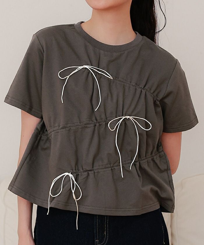 ドローストリングリボン半袖トップス【miette ミエット】 | titivate