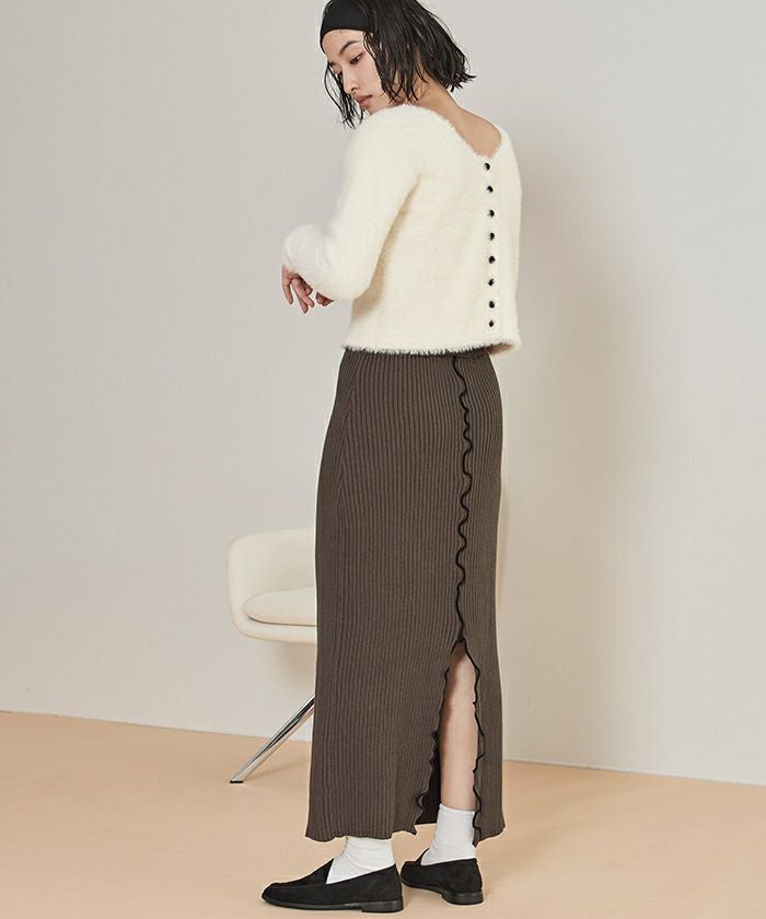 モラビトプルミエ リネン混 変形スリットスカート ラインストーン入40 L 配色メローリブスカート【miette ミエット】 | titivate