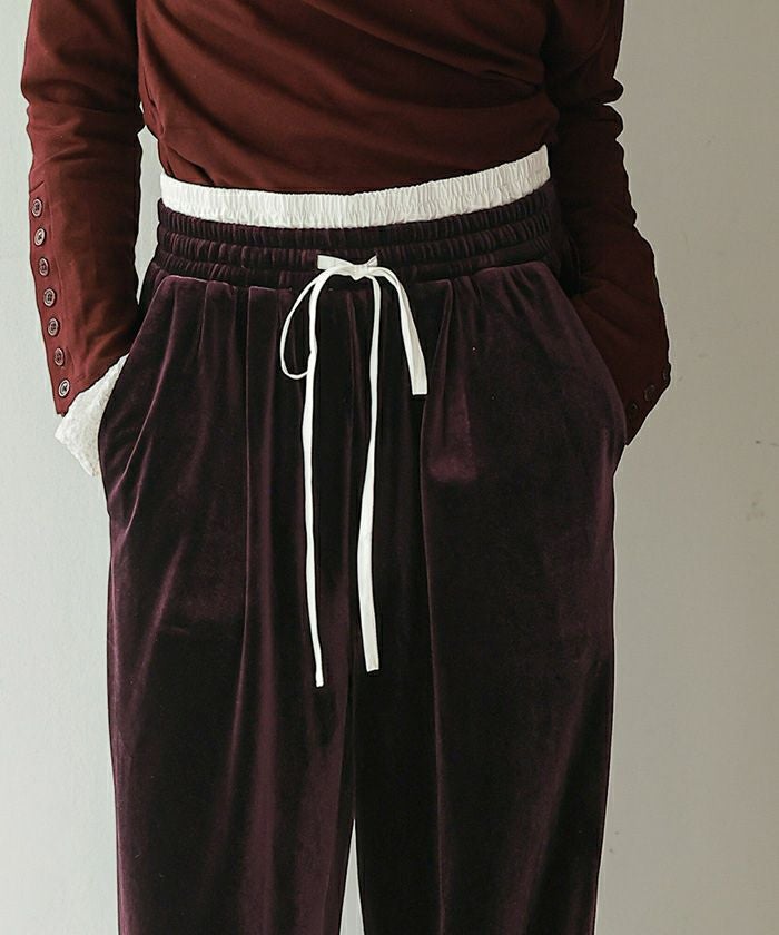 Katie TEA&CAKE long pants ベロアパンツ　ネイビー ダブルウエストベロアワイドパンツ【miette ミエット】 | titivate