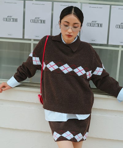 アーガイルアシンメトリーカラーニット【miette ミエット】 | titivate