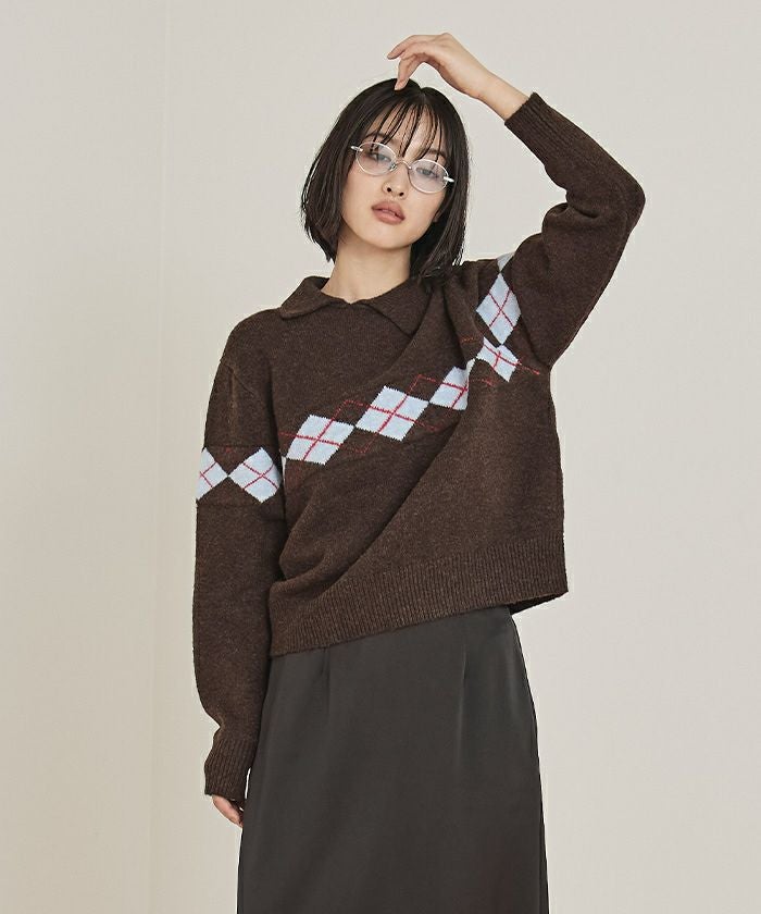 アーガイルアシンメトリーカラーニット【miette ミエット】 | titivate